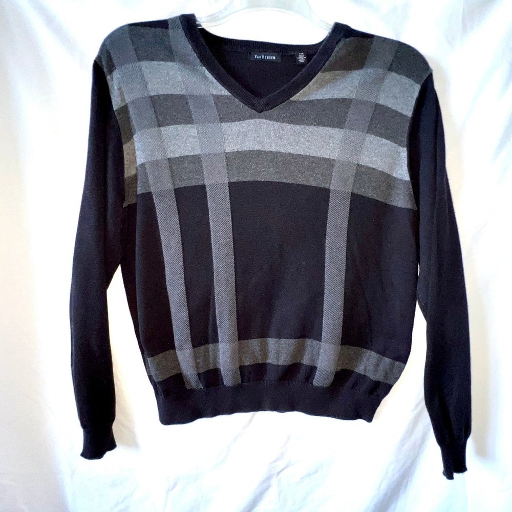 Van Heusen V Neck Sweater, Black and Gray, Abstract Design, Size Large EC